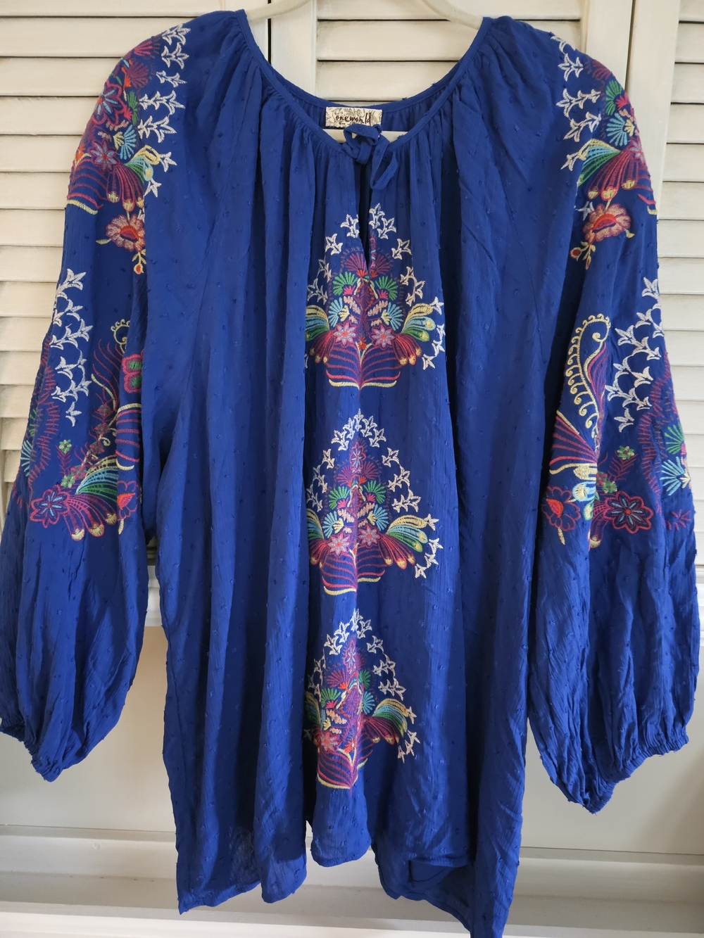 One World Royal Blue Boho Embroidered Long Sleeve Peasant Blouse Top 3X